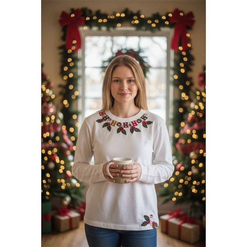 Grandmacore C.S.T. Sport T-Shirt L White Christmas Ho Ho Ho Embroidered LS flaws